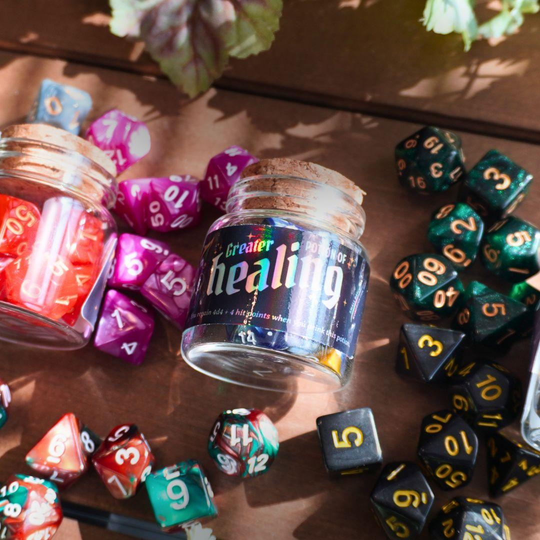 Holographic dice in a bottle — Dice Arcana themed polyhedral set
