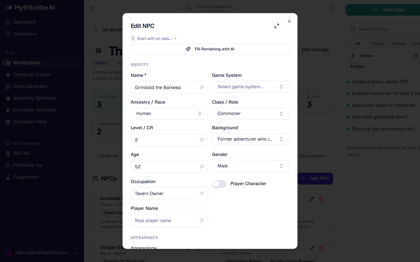 NPC tracker showing characters with race, class, and faction tags organized in a worldbuilder