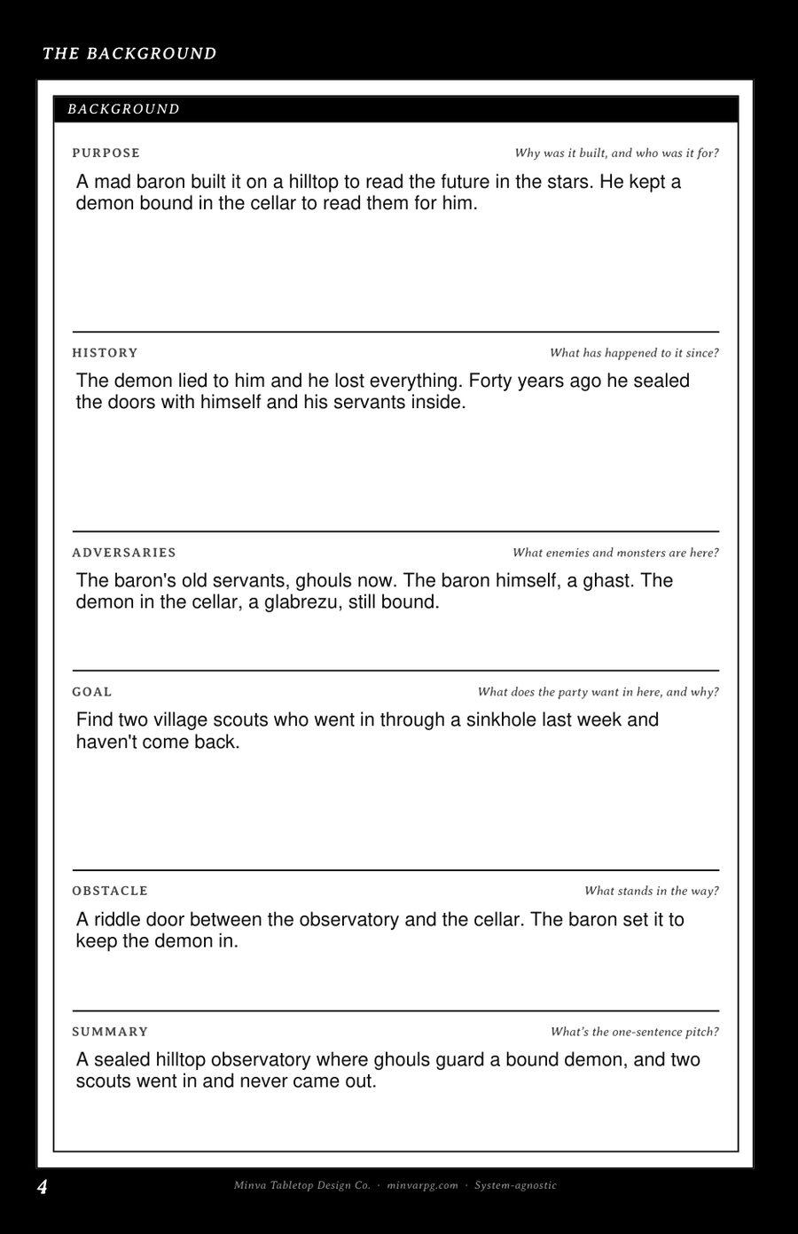 The Background page filled in with the Weeping Observatory's purpose, history, adversaries, goal, obstacle and summary