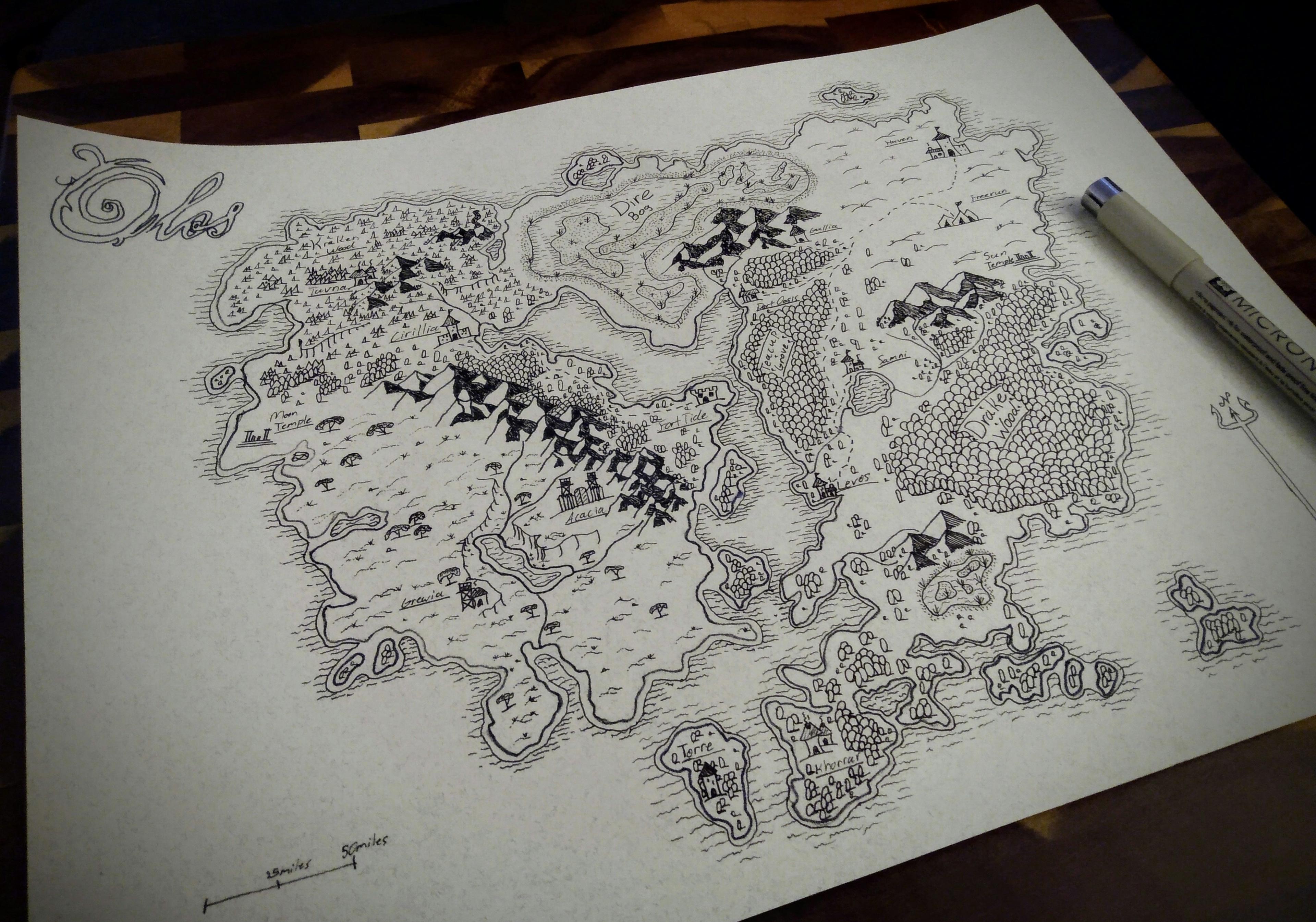 A fantasy map laid out on a table — the kind of worldbuilding detail that grounds a fantasy murder mystery setting
