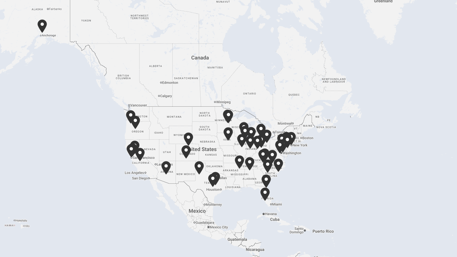 Map of 100+ small independent game shops, comic stores, and gift retailers carrying Minva Tabletop Design Co. products