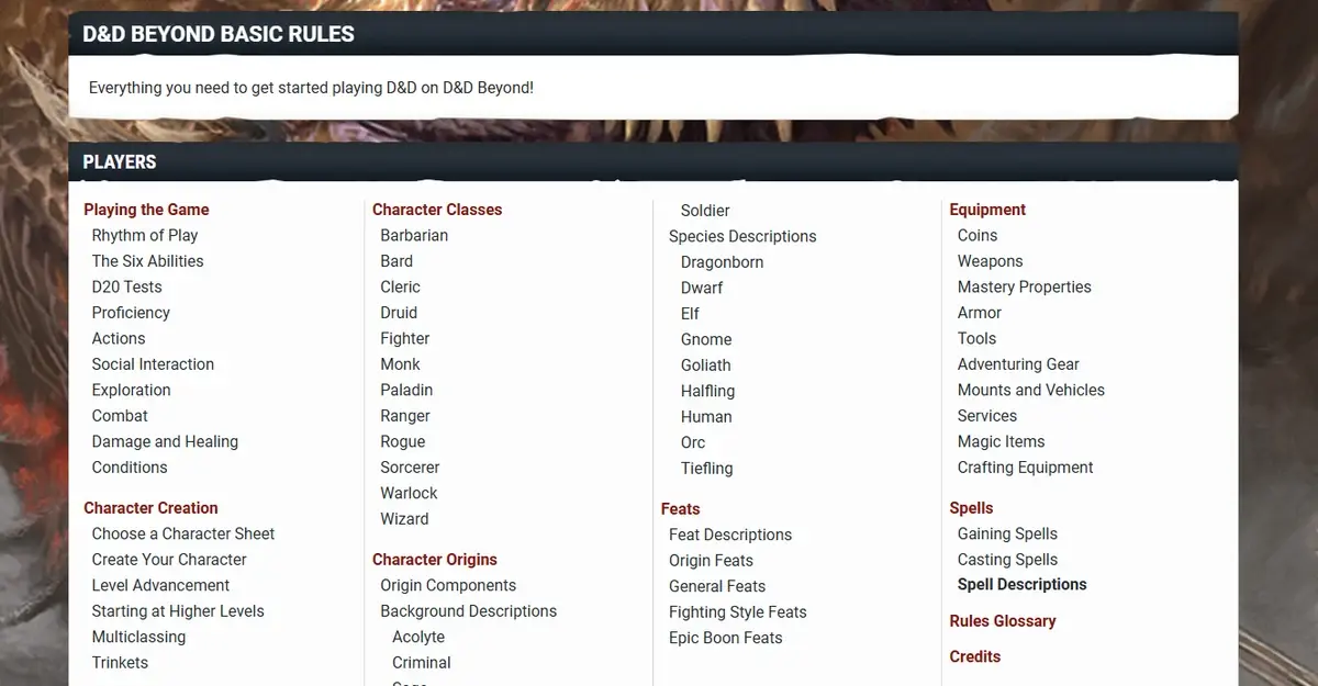D&D Beyond Basic Rules index page